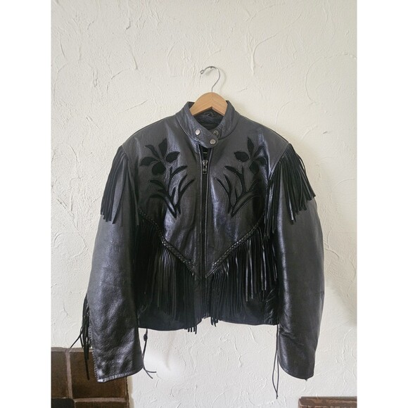 UNIK Women’s Black Vintage Leather Long Fringe Motorcycle Jacket Size M - Picture 1 of 6